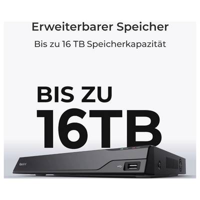 Ein schwarzes externes Speichergerät ist zu sehen, mit Text darüber, der lautet: 'Erweiterbarer Speicher Bis zu 16 TB Speicherkapazität'.