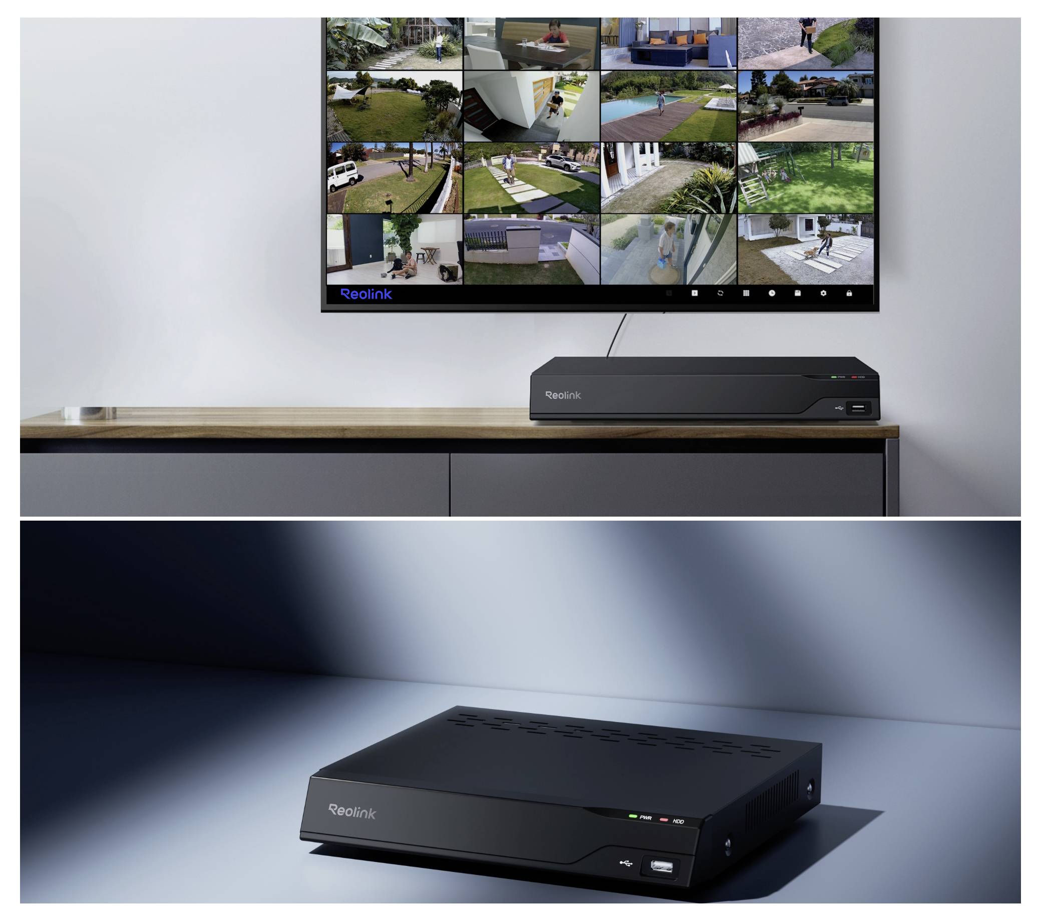 Ein Reolink-Sicherheitssystem zeigt mehrere CCTV-Kameraaufnahmen auf einem wandmontierten Bildschirm, der mit einem Reolink-Gerät darunter verbunden ist.