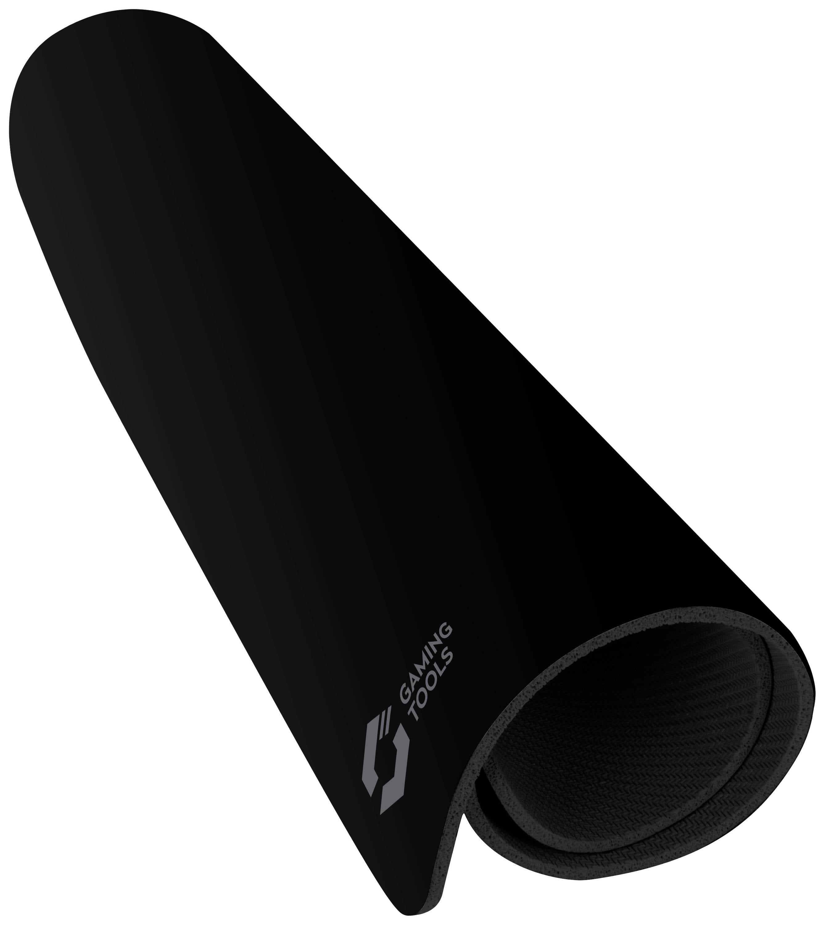 Eine schwarze, aufgerollte Gaming-Mausmatte mit dem Logo und der Aufschrift 'Gaming Tools' in einer Ecke.