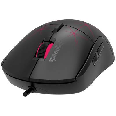 Eine schwarze Computermaus mit leuchtend roten Akzenten und einem roten Scrollrad. Die Marke 'speedlink' ist auf der Oberfläche sichtbar.