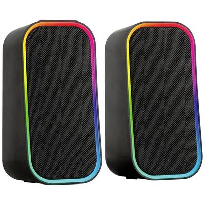 Schwarze Lautsprecher mit buntem LED-Rand, der in Regenbogenfarben leuchtet. Modernes Design, geeignet für PC oder Musiksysteme.