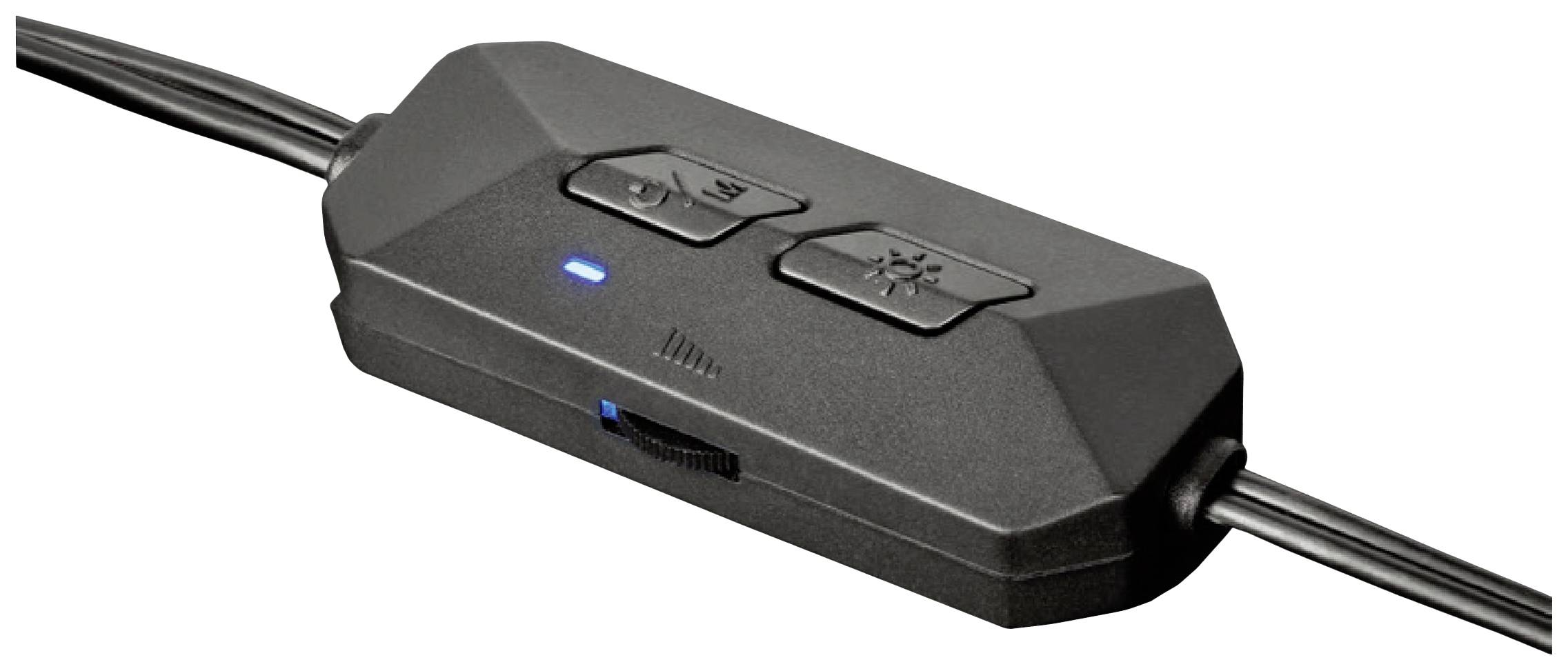 Schwarzer Controller mit zwei Tasten und einem Drehregler. Eine Taste hat ein Lautsprechersymbol, die andere ein Sonnensymbol. Ein blaues Licht ist eingeschaltet.