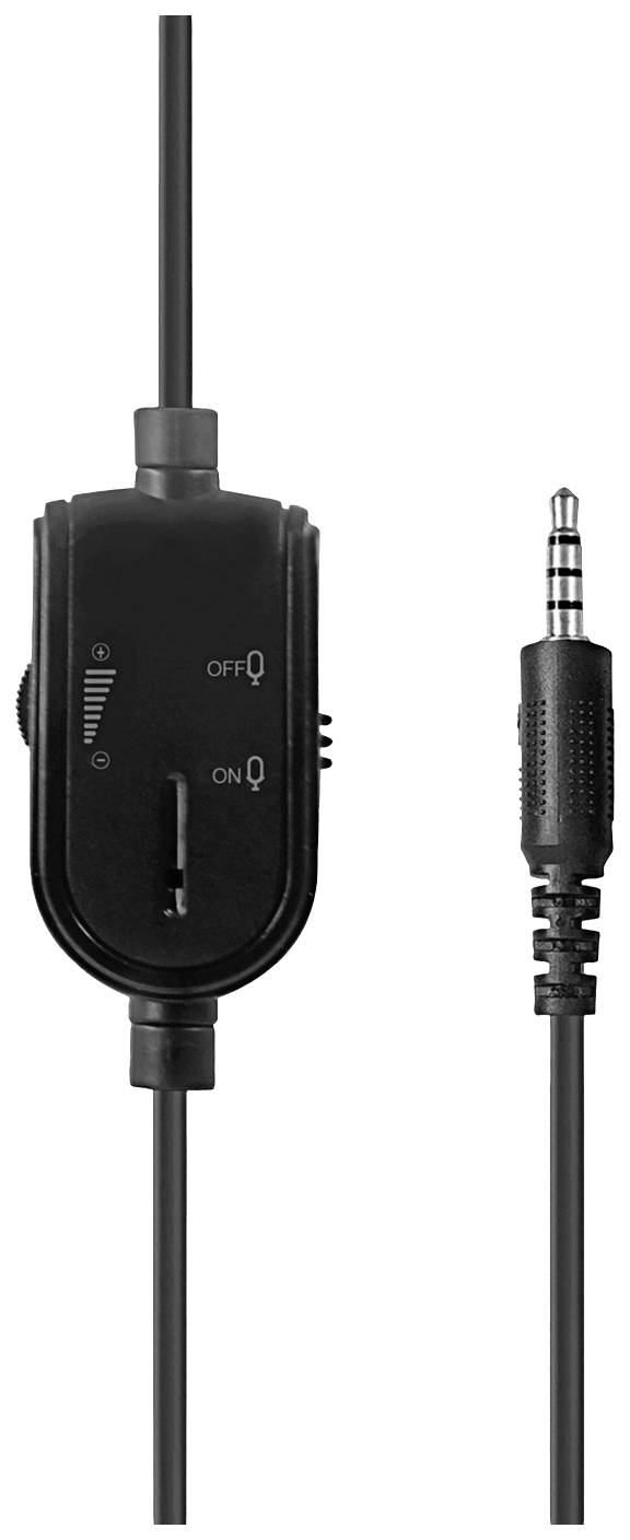 Ein schwarzer Kopfhöreradapter mit Lautstärkeregler und Ein/Aus-Schalter, links mit einem 3,5-mm-Stecker verbunden.