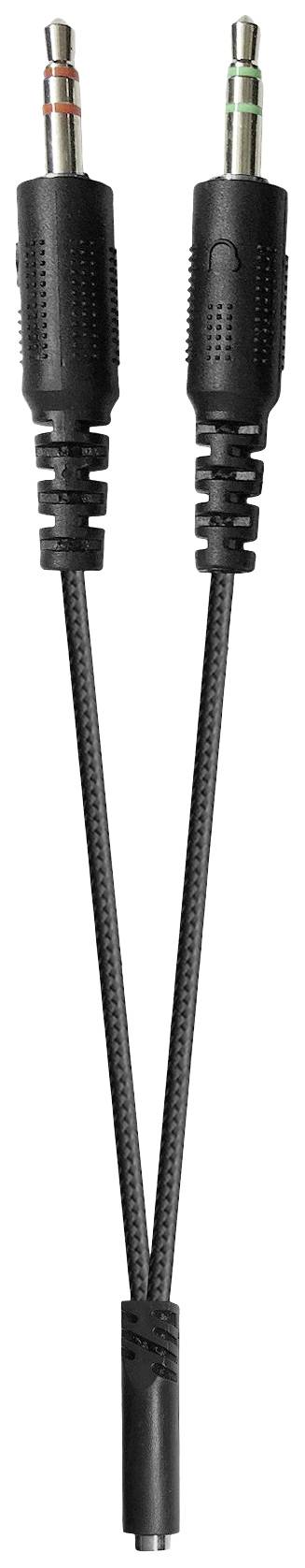 Ein Y-Kabeladapter mit einem 3,5-mm-Klinkenstecker und zwei 3,5-mm-Buchsen. Links ist rot markiert, rechts grün.