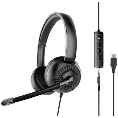 Kabelgebundenes schwarzes Headset mit Mikrofon, Lautstärkeregelung und USB-Anschluss, geeignet für Computer und Telefonanrufe.