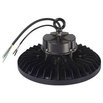 Ein schwarzes, rundes LED-Industrie-Lichtmodul mit Kühlrippen und offenen elektrischen Anschlüssen an zwei Drähten.