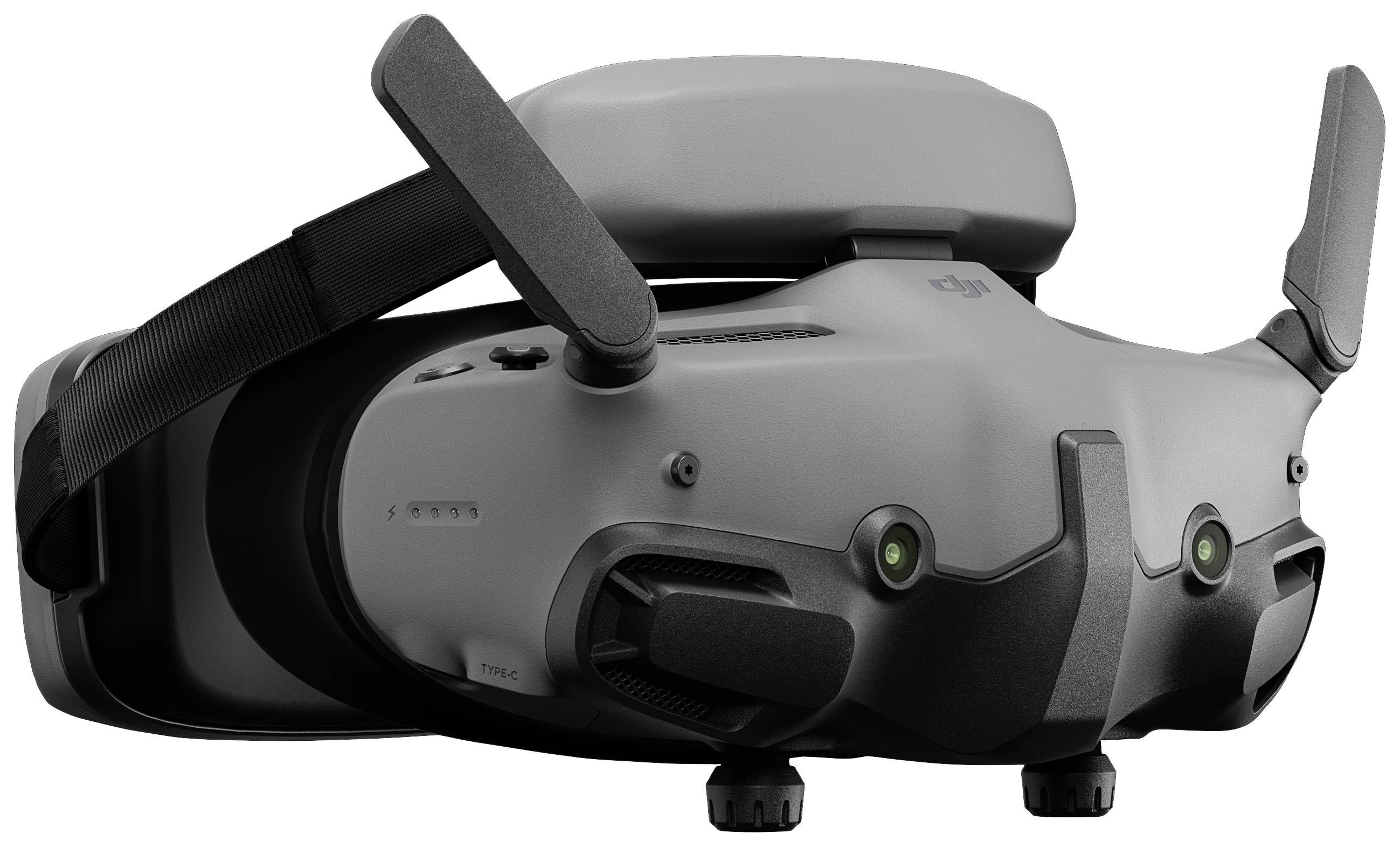 Schwarze VR-Brille mit Antennen und Sensoren. Sie hat ein modernes Design und ist für immersive Erlebnisse gedacht.