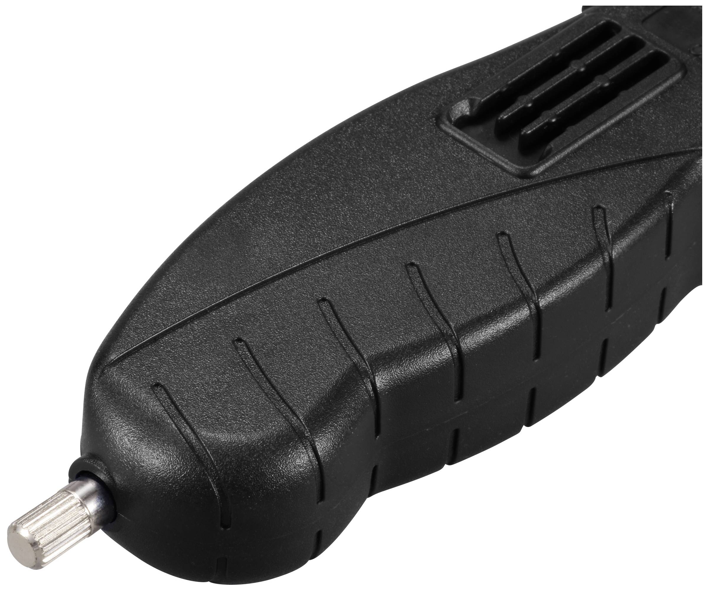 Schwarzes Elektrowerkzeug mit geriffeltem Griff und metallischem Einstellknopf. Ideal für präzise Arbeiten und Hobbyprojekte.