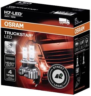 Verpackung einer OSRAM TRUCKSTAR H7-LED-Lampe für LKWs. Informationen: 24V, 16W, bis zu 230% mehr Licht, 4 Jahre Garantie, 'Street Legal'. Hauptsächlich rotes Design mit Bild eines LKWs.