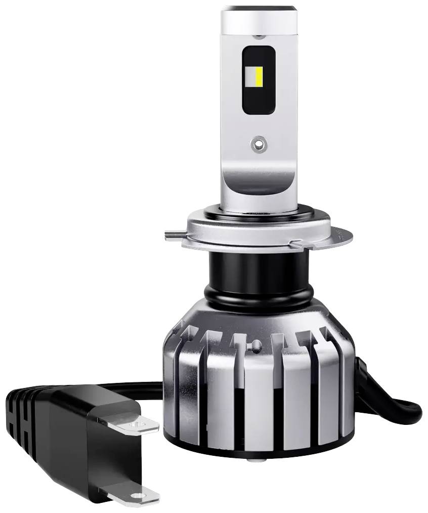 LED-Scheinwerferlampe im Nahaufnahme, zylindrische Form mit Kühllamellen und Kabel. Geeignet für Autos oder Motorräder.