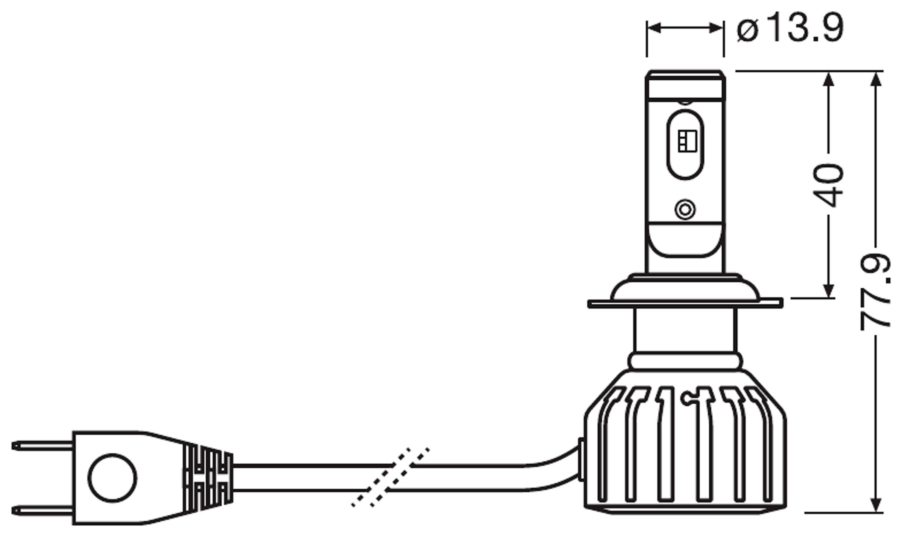 Technische Zeichnung einer LED-Lampe mit Maßen: Gesamtlänge 77,9 mm, Durchmesser oben 13,9 mm, Höhe 40 mm, mit Kabel.
