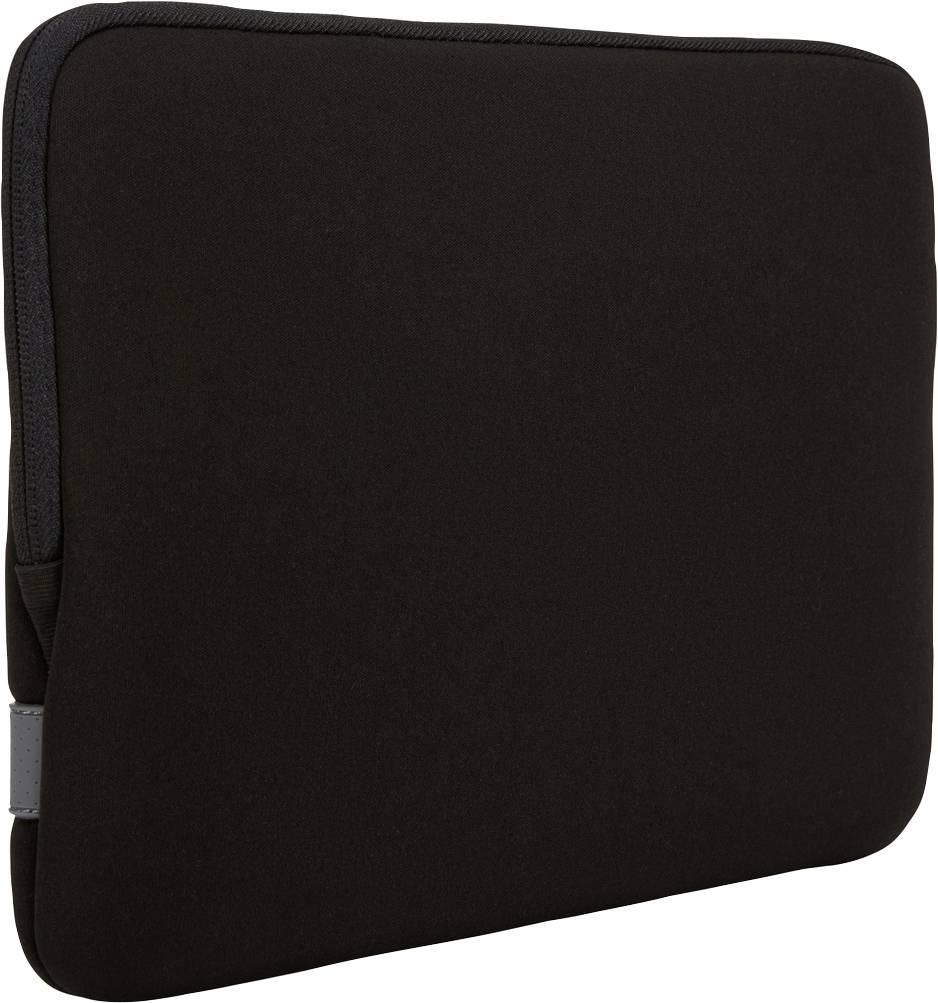 Schwarze Laptophülle aus Stoff, rechteckige Form, geschlossen. Geeignet für den Schutz eines Laptops vor Kratzern und Stößen.