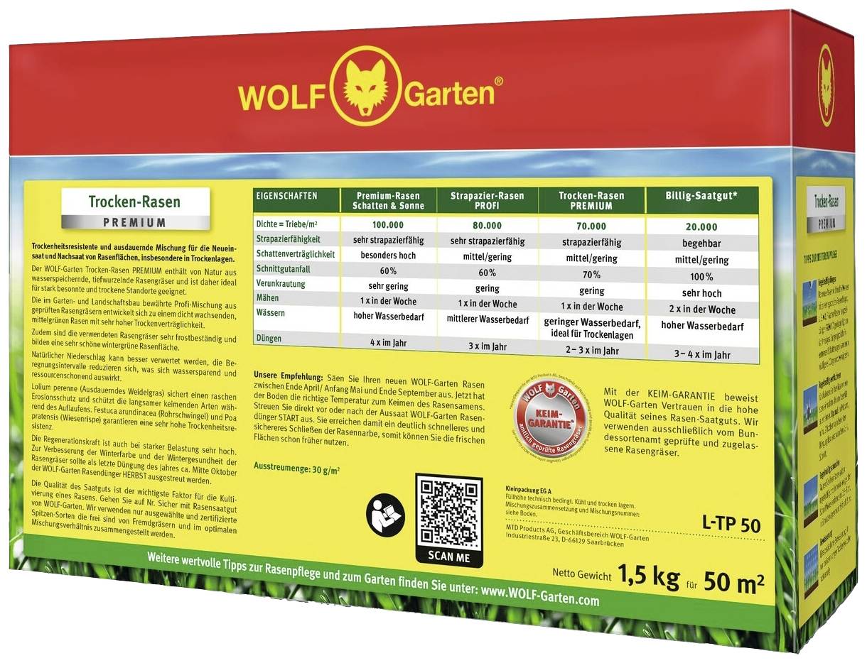 Verpackung von WOLF-Garten Trocken-Rasen Premium. Enthält Beschreibung der Samenmischung, Pflegehinweise und QR-Code für weitere Informationen.
