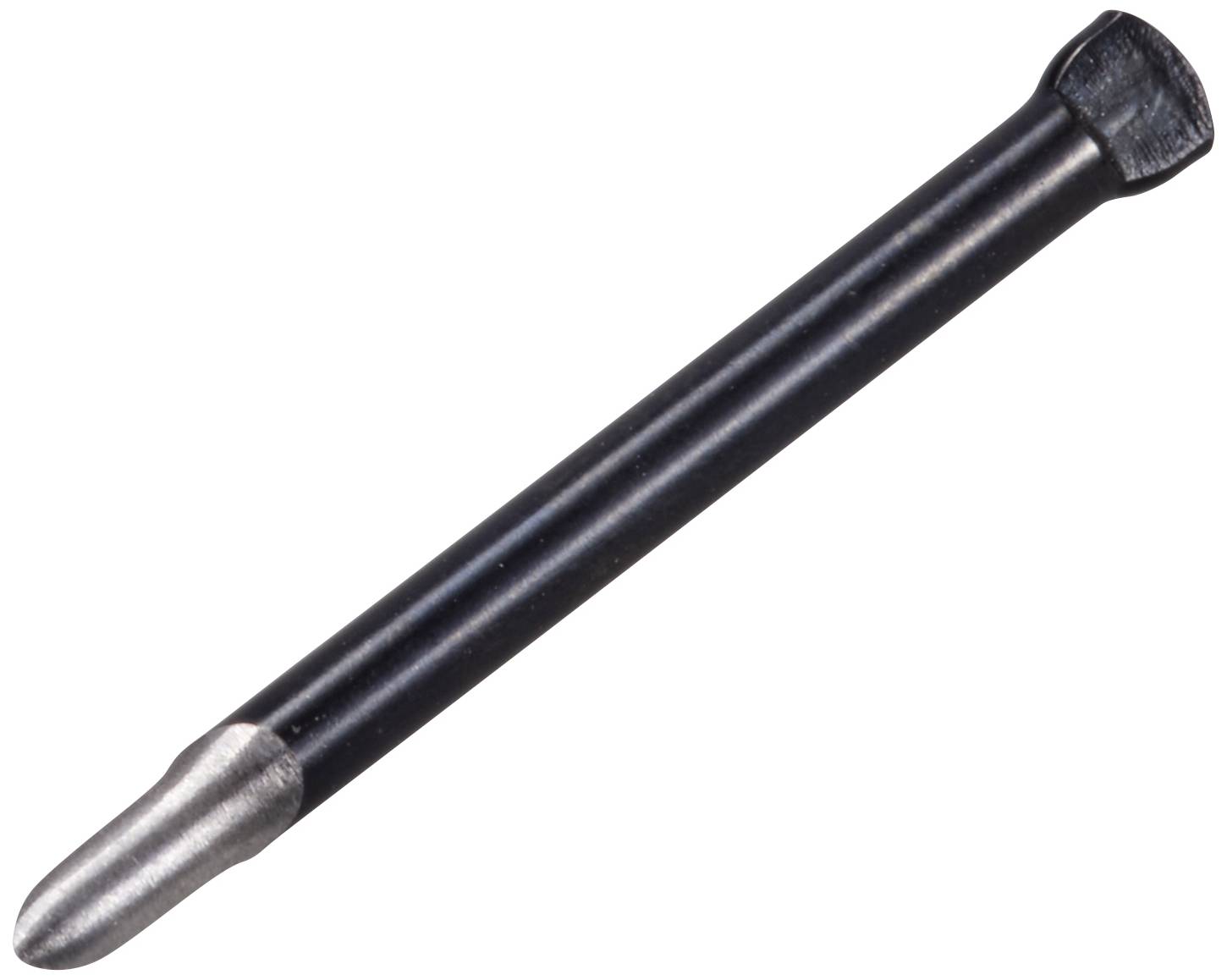 Ein schwarzes, zylindrisches Objekt mit einer silbernen Spitze und einem flachen Kopf, ähnlich einem Stift oder Nagel.