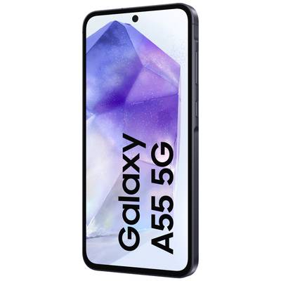 Smartphone mit Bildschirm zeigt 'Galaxy A55 5G'. Fortgeschrittener, moderner Designstil in lila und blau Tönen.