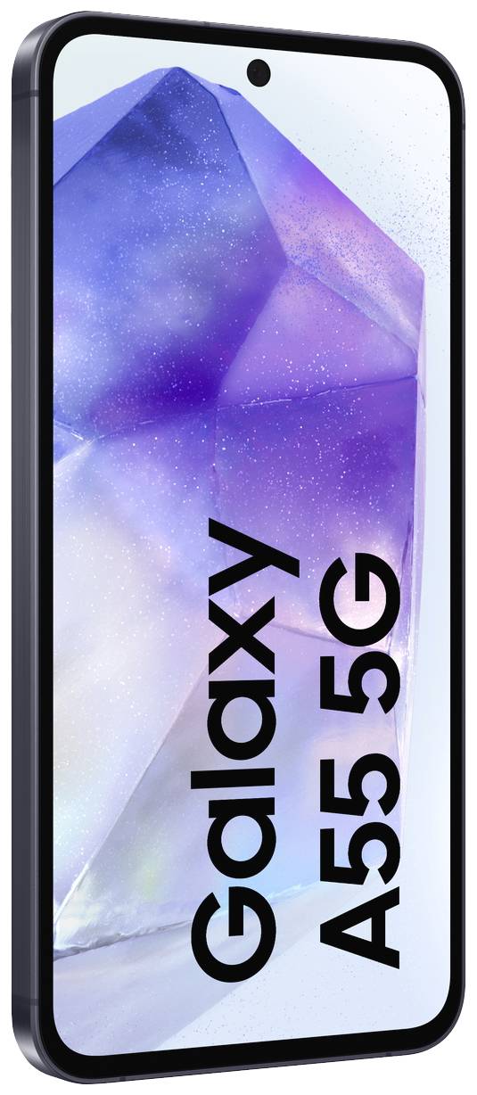 Smartphone mit großem Display, das den Schriftzug 'Galaxy A55 5G' zeigt. Hintergrund in violetten und blauen Farbtönen.