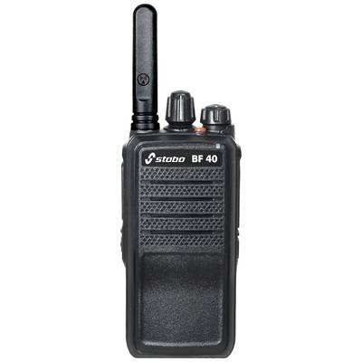 Ein schwarzes Funkgerät mit der Aufschrift 'stebo BF 40', ausgestattet mit Antenne und mehreren Drehknöpfen oben.