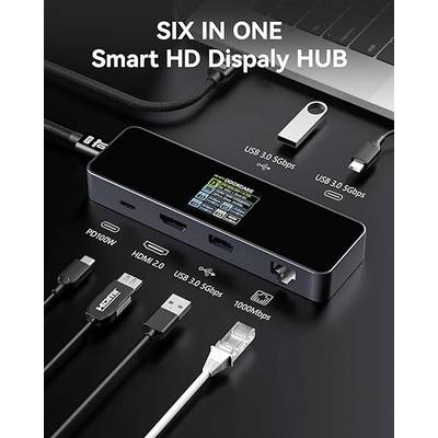 'Sechs-in-eins Smart HD Display HUB' zeigt Anschlüsse für USB 3.0, HDMI, PD100W und Ethernet. Kompatibel mit Laptop gezeigt.