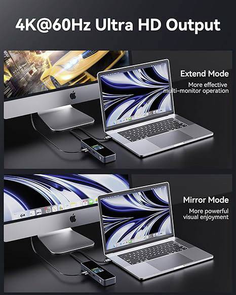 Zwei Laptops und ein Monitor zeigen 'Extend Mode' und 'Mirror Mode' mit 4K@60Hz Ultra-HD-Ausgabe für effektive Multi-Monitor-Nutzung.