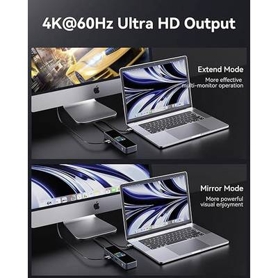 Zwei Laptops und ein Monitor zeigen 'Extend Mode' und 'Mirror Mode' mit 4K@60Hz Ultra-HD-Ausgabe für effektive Multi-Monitor-Nutzung.