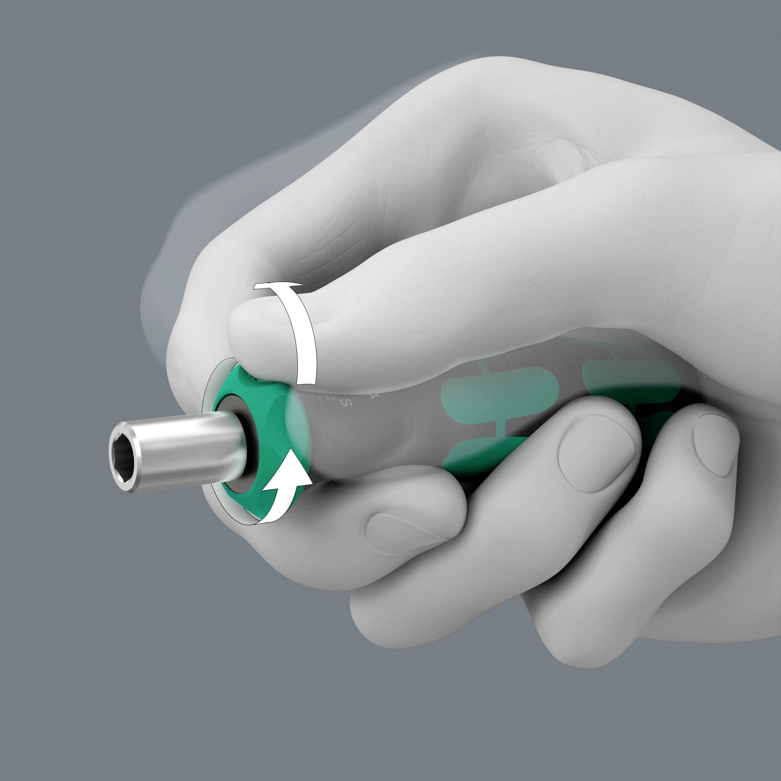 Eine Hand dreht den unteren Teil eines medizinischen Inhalators, um ihn zu öffnen. Der Inhalator hat einen grünen Pfeil zur Rotationsrichtung.