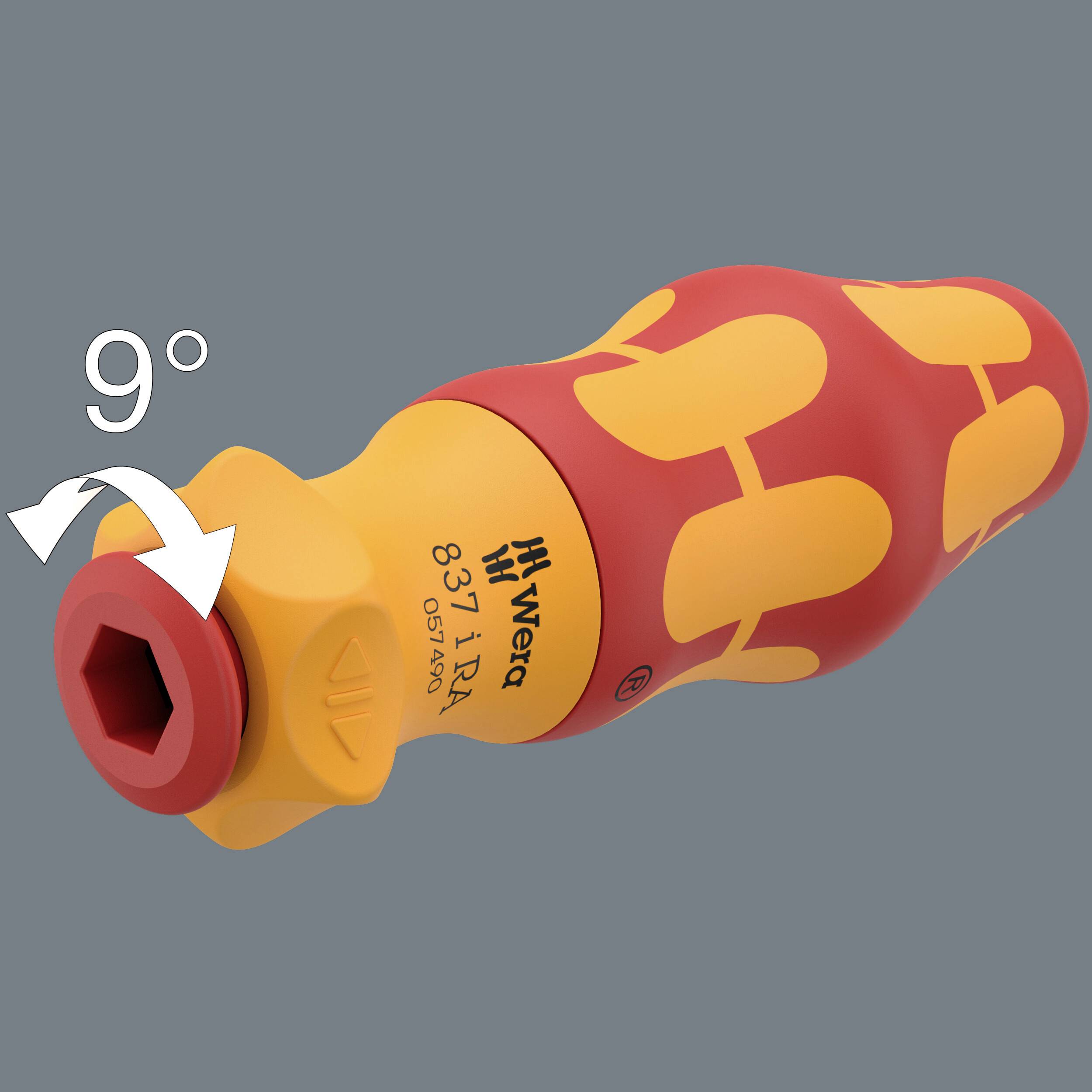 Ein Schraubendrehergriff mit gelb-rotem Design, zeigt eine 9-Grad-Drehung, um auf Rechtsdrall hinzuweisen.