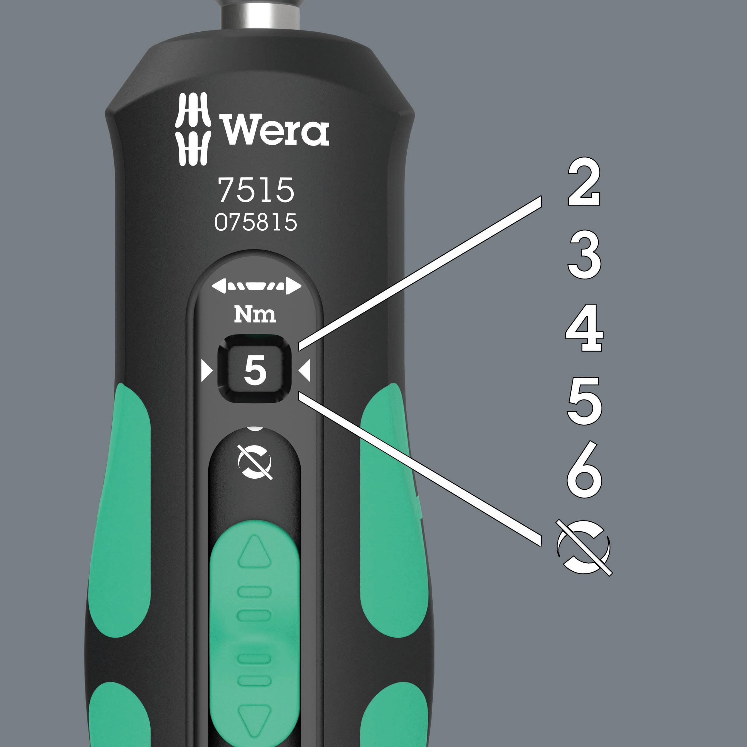 Eine Wera-Drehmoment-Schraubendrehereinstellung zeigt 2 bis 5 Newtonmeter mit einer Sperrschaltfunktion.