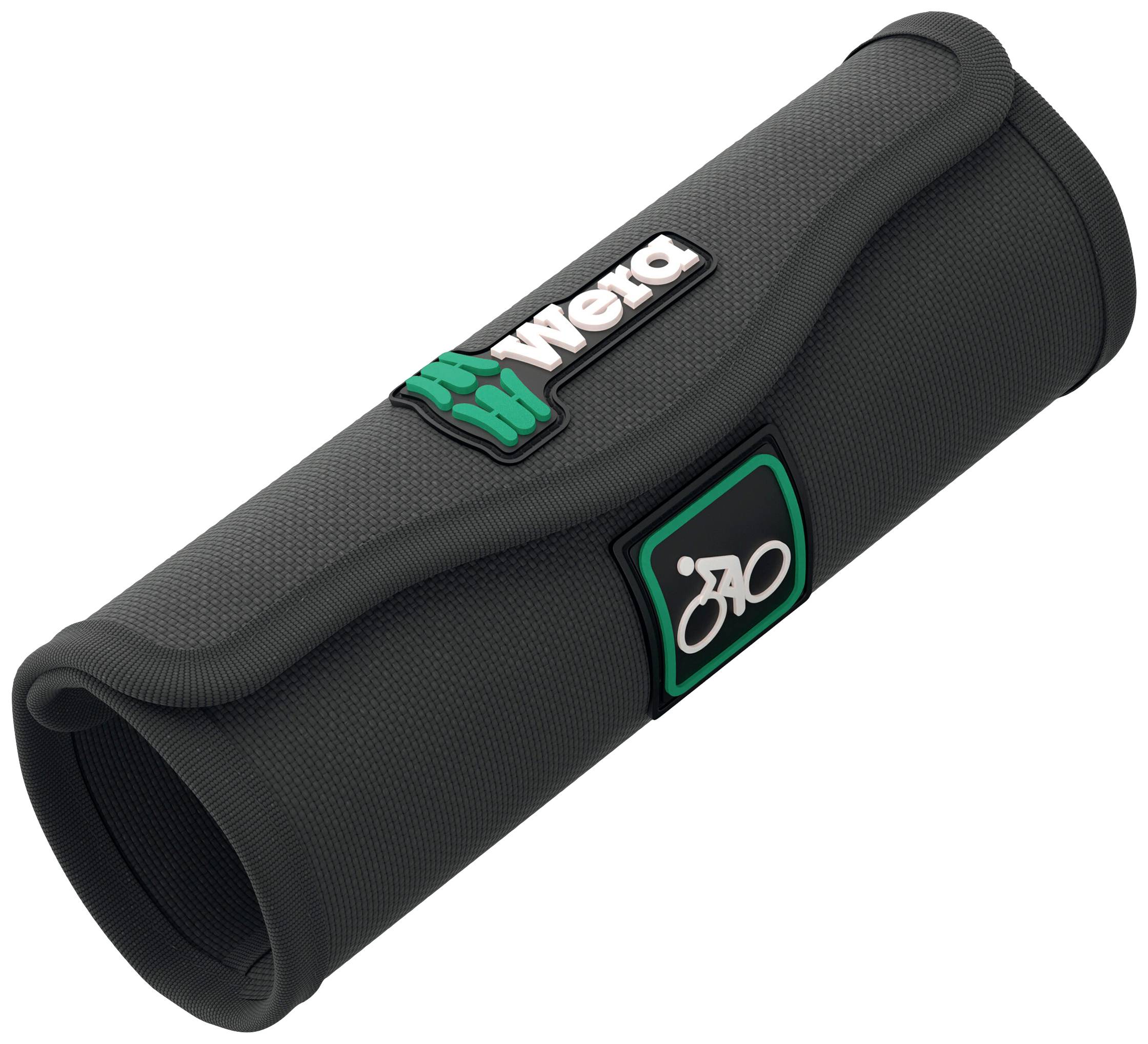 Ein schwarzes Werkzeugetui mit 'Wera'-Schriftzug und Fahrradsymbol, zur Aufbewahrung von Werkzeugen, zylindrische Form.