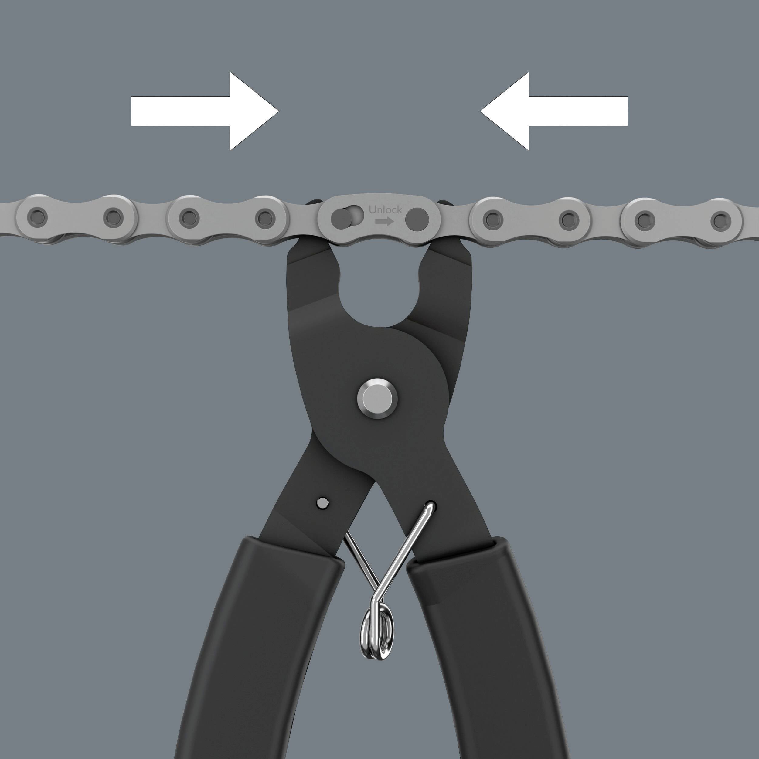 Eine Zange, die ein Fahrradkettenglied öffnet, indem sie mit zwei Pfeilen nach innen drückt.
