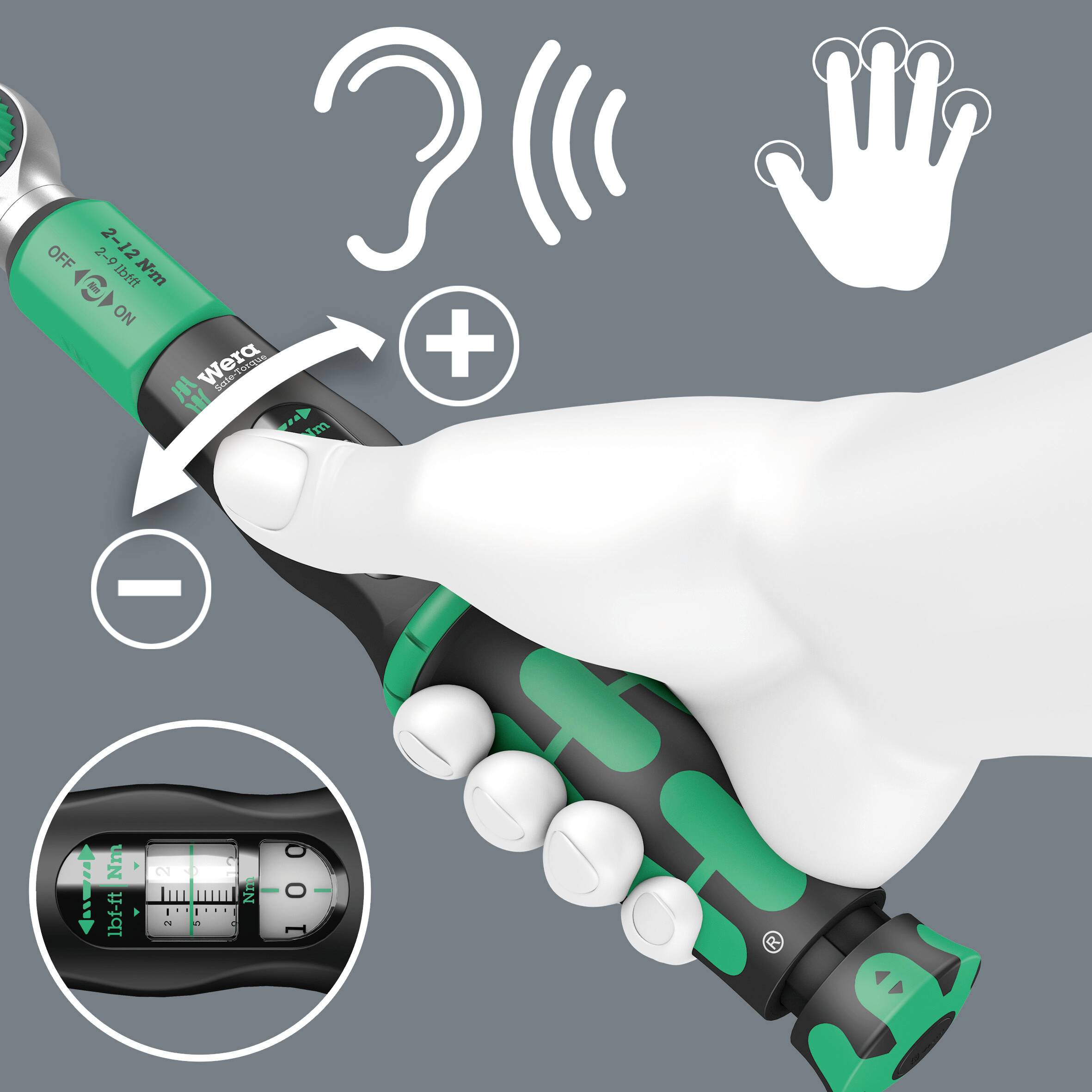 Eine Hand hält einen Schraubendreher mit grünem und schwarzem Griff. Symbole zeigen eine Drehfunktion und ergonomisches Design an.