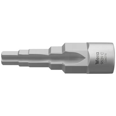 Silberfarbener mehrstufiger Bohrer-Kombinationsaufsatz mit 'Wera' Beschriftung. Hauptsächlich aus Metall mit sechseckiger Basis.