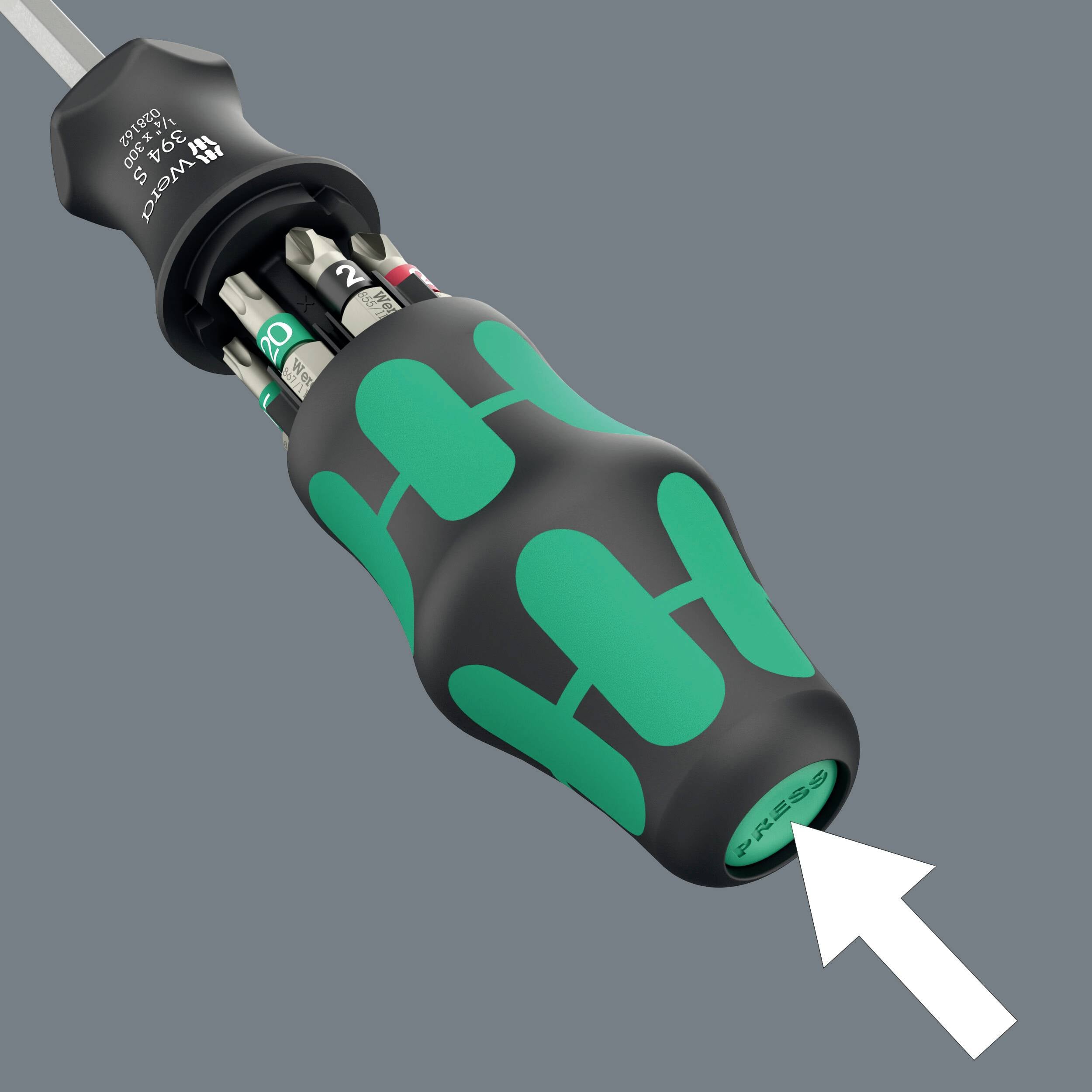 Schraubendreher mit ergonomischem Griff, verschiedene austauschbare Bits im Griff sichtbar, grauer Hintergrund.