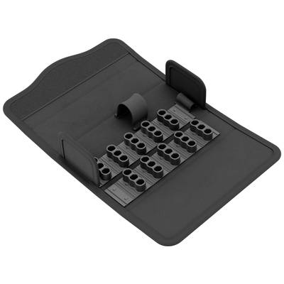 Schwarze Stifterolle mit elastischen Schlaufen zur Aufbewahrung von Stiften und Zubehör, flach ausgebreitet auf einer Oberfläche.