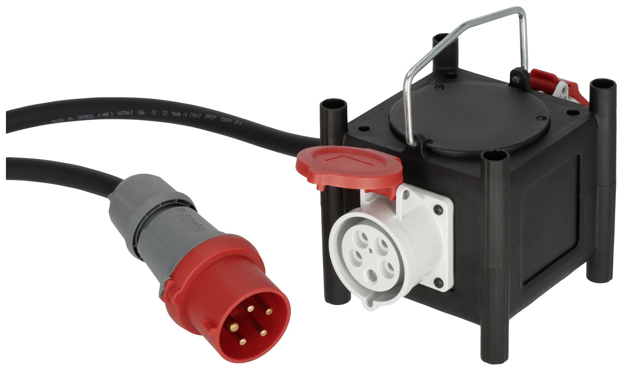 Ein schwarzes, tragbares Stromverteilergerät mit Kabel und rotem Stecker, geeignet für den Einsatz in industriellen Umgebungen.