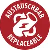 Roter Rundbadge mit weißen Pfeilen im Recycling-Stil um ein Batteriesymbol herum und den Worten „AUSTAUSCHBAR" und „REPLACEABLE", das auf eine austauschbare Batterie hinweist.
