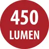 Rotes rundes Etikett mit weißem Text „450 LUMEN".