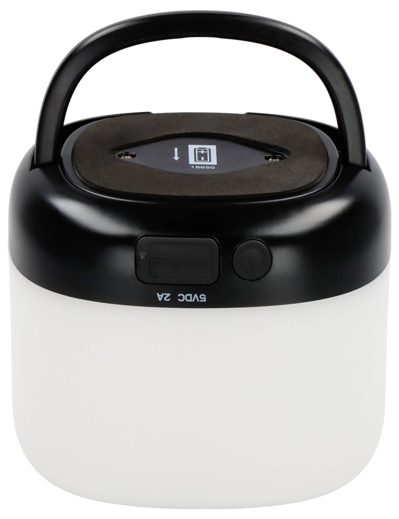 Schwarze Campinglaterne mit Henkel, rundem Gehäuse und leuchtend weißem unteren Teil, geeignet für Outdoor-Aktivitäten.