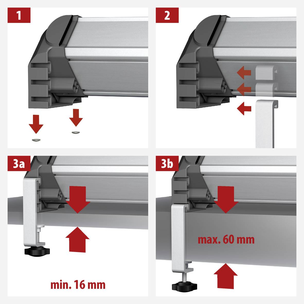 'Installationsanleitung: Schritt 1, Teile ausrichten; Schritt 2, Teile verbinden; Schritt 3a, Abstand min. 16 mm; Schritt 3b, Abstand max. 60 mm.'