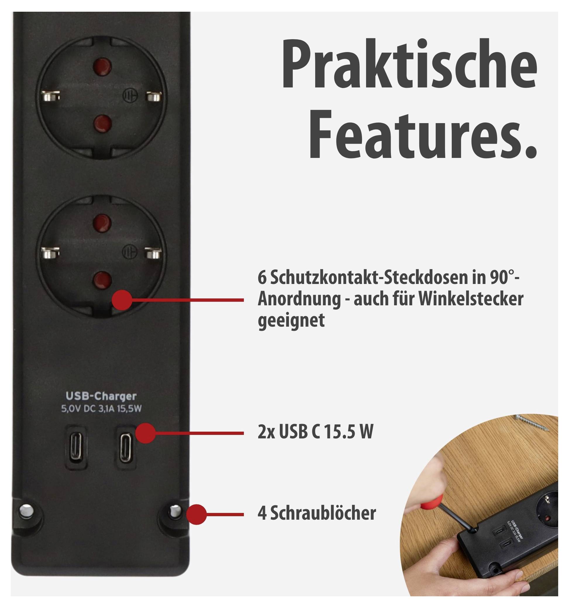 Produktübersicht einer Steckdosenleiste mit Titel 'Praktische Features': 6 Schutzkontakt-Steckdosen in 90°-Anordnung, 2x USB C 15,5 W und 4 Schraublöcher; kleines Einsatzfoto zeigt Montage am Tisch.<br>