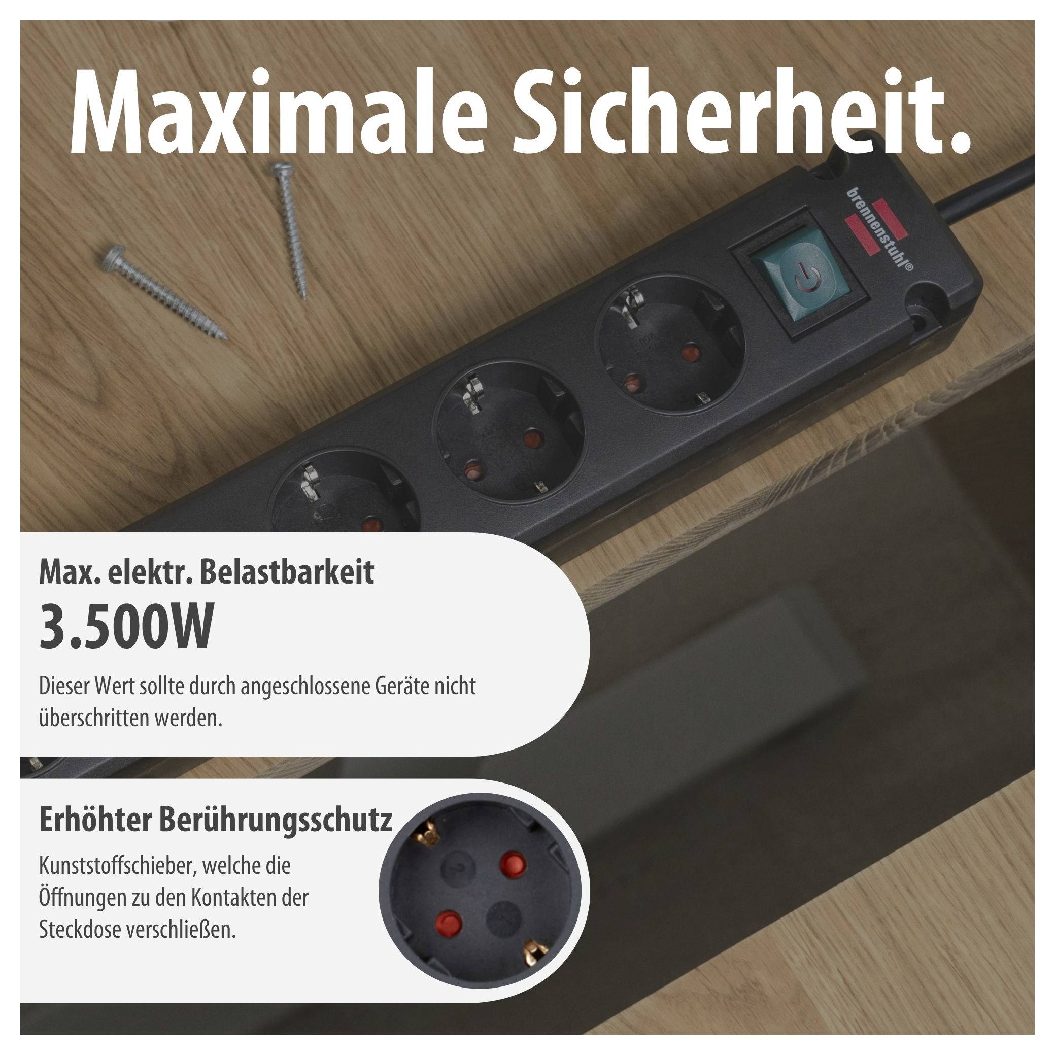 Werbeabbildung einer Steckdosenleiste mit dem Text 'Maximale Sicherheit.' sowie Hinweisen zu '3.500W' maximaler elektrischer Belastbarkeit und erhöhtem Berührungsschutz.<br>