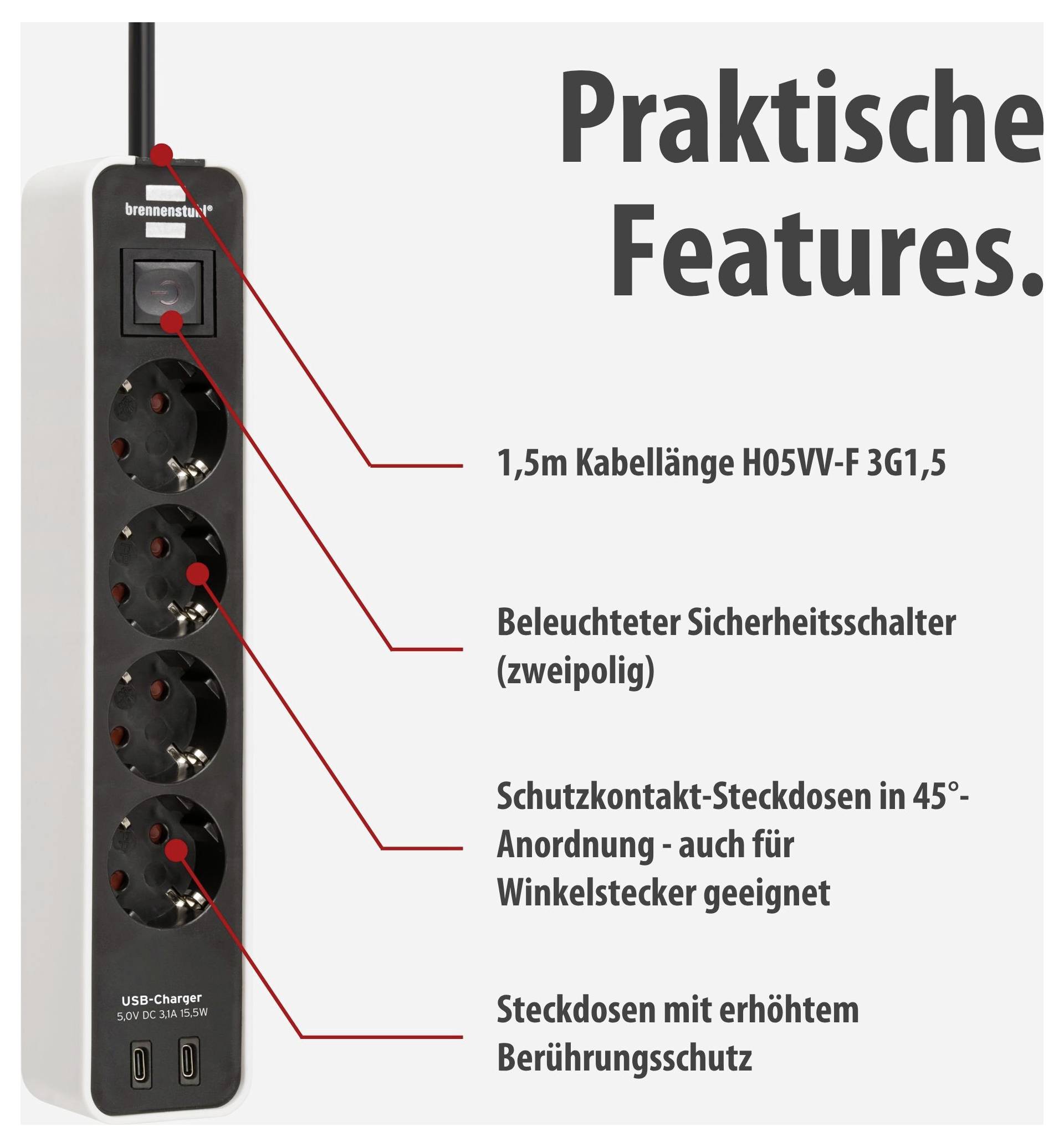 Produktbild einer Steckdosenleiste mit USB-Ladeanschlüssen; beschriftet mit 1,5 m Kabel, beleuchtetem Sicherheitsschalter, schrägen Schutzkontakt-Steckdosen und erhöhtem Berührungsschutz.