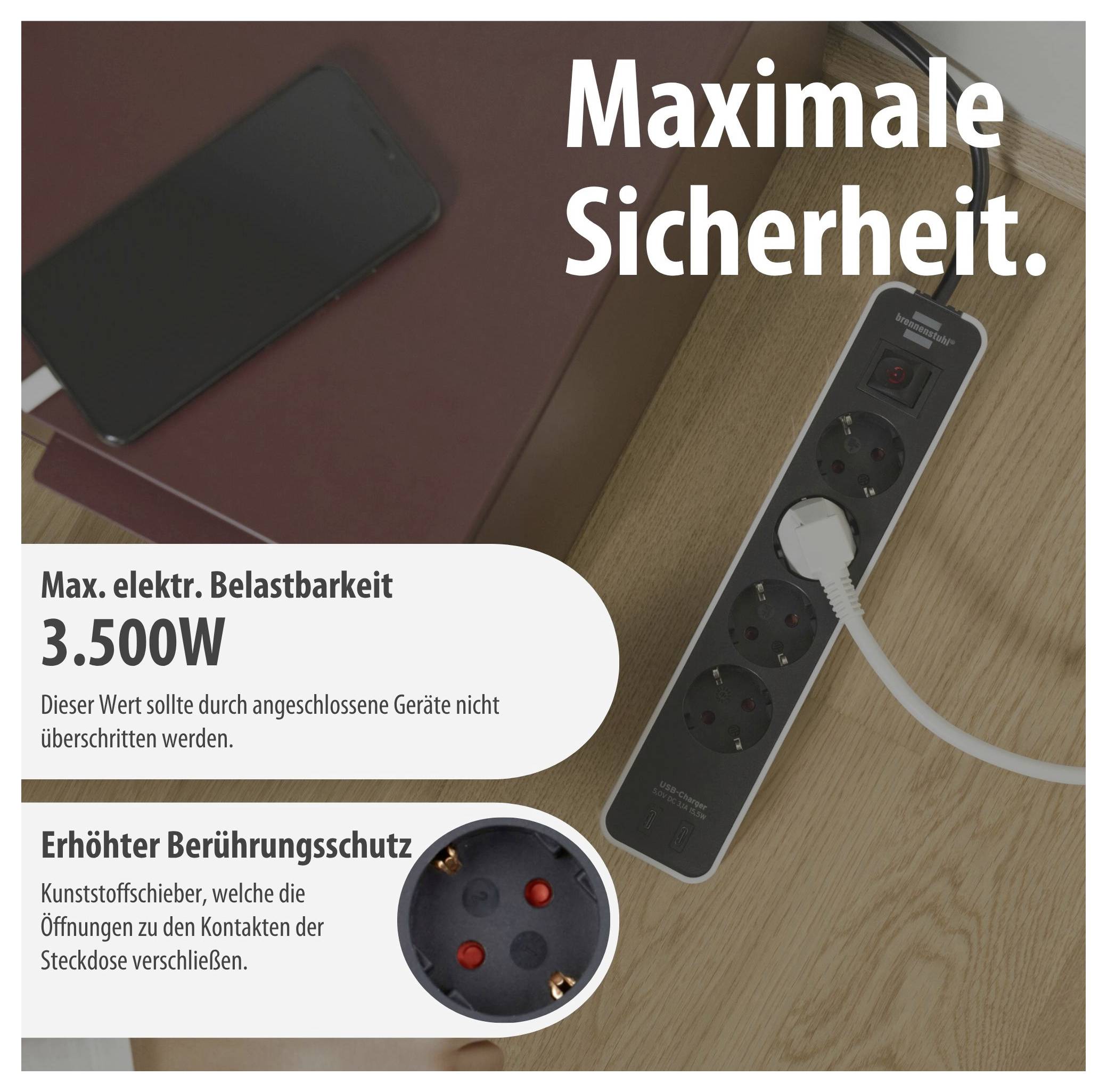 Werbung für eine Steckdosenleiste: 'Maximale Sicherheit', max. Belastbarkeit 3.500 W und erhöhter Berührungsschutz durch Kunststoffschieber.