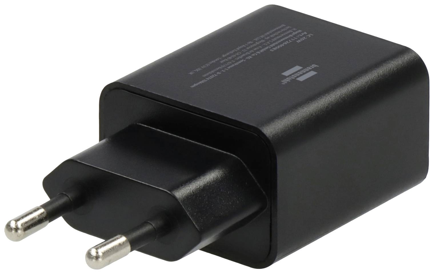 Ein schwarzes Ladegerät mit europäischem Stecker, geeignet für elektronische Geräte. Es hat zwei metallische Stifte.
