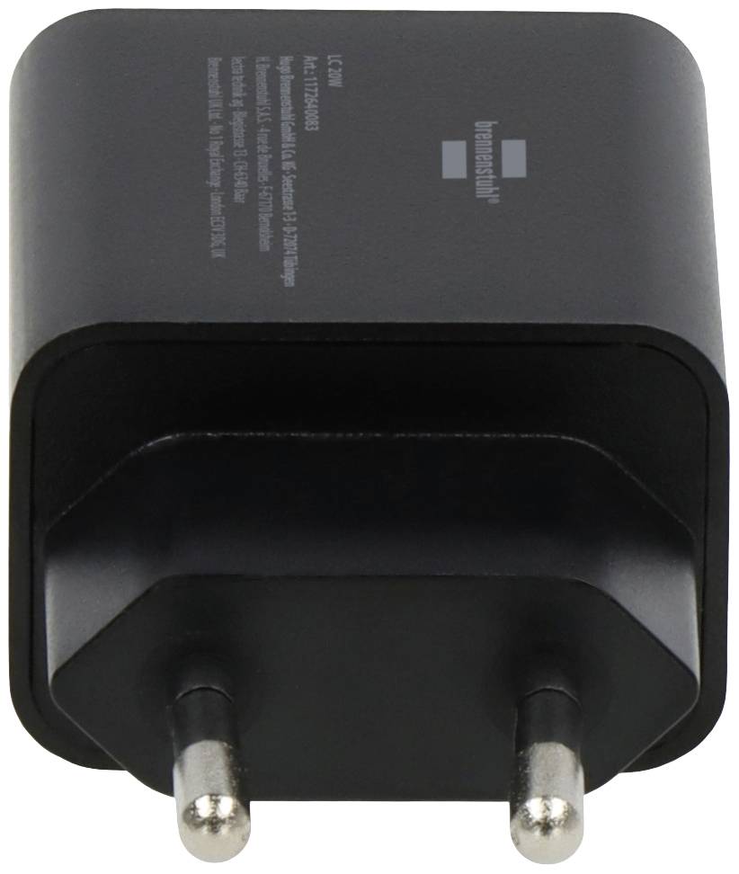 Schwarzes USB-Ladegerät mit zwei Metallstiften, quadratische Form, geeignet für europäische Steckdosen.