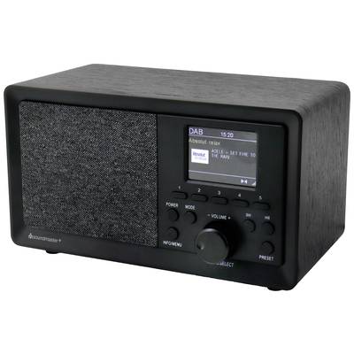 Ein schwarzes digitales Radio mit Display, das den Sender 'Absolute Relax' zeigt. Knöpfe für Lautstärke und Modus sind sichtbar.