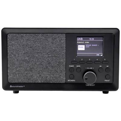 Digitalradio mit Textanzeige 'DAB 15:23 Absolut relax'. Song: 'Bonnie Bianco - Stay'. Tasten zur Steuerung und Lautsprecher sichtbar.