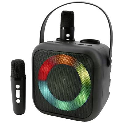 Schwarzer Lautsprecher mit LED-Leuchtring und zwei schwarzen Mikrofonen, ideal für Partys oder Karaoke.