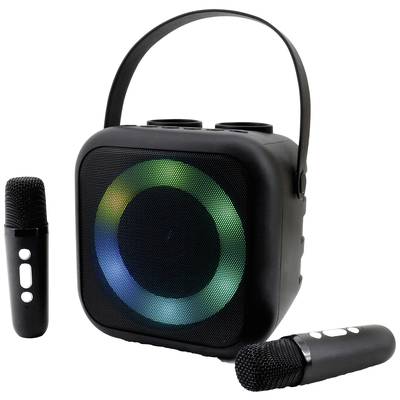 Tragbares Soundsystem mit Lichteffekten, inklusive zweier Mikrofone. Ideal für Partys und Karaoke.
