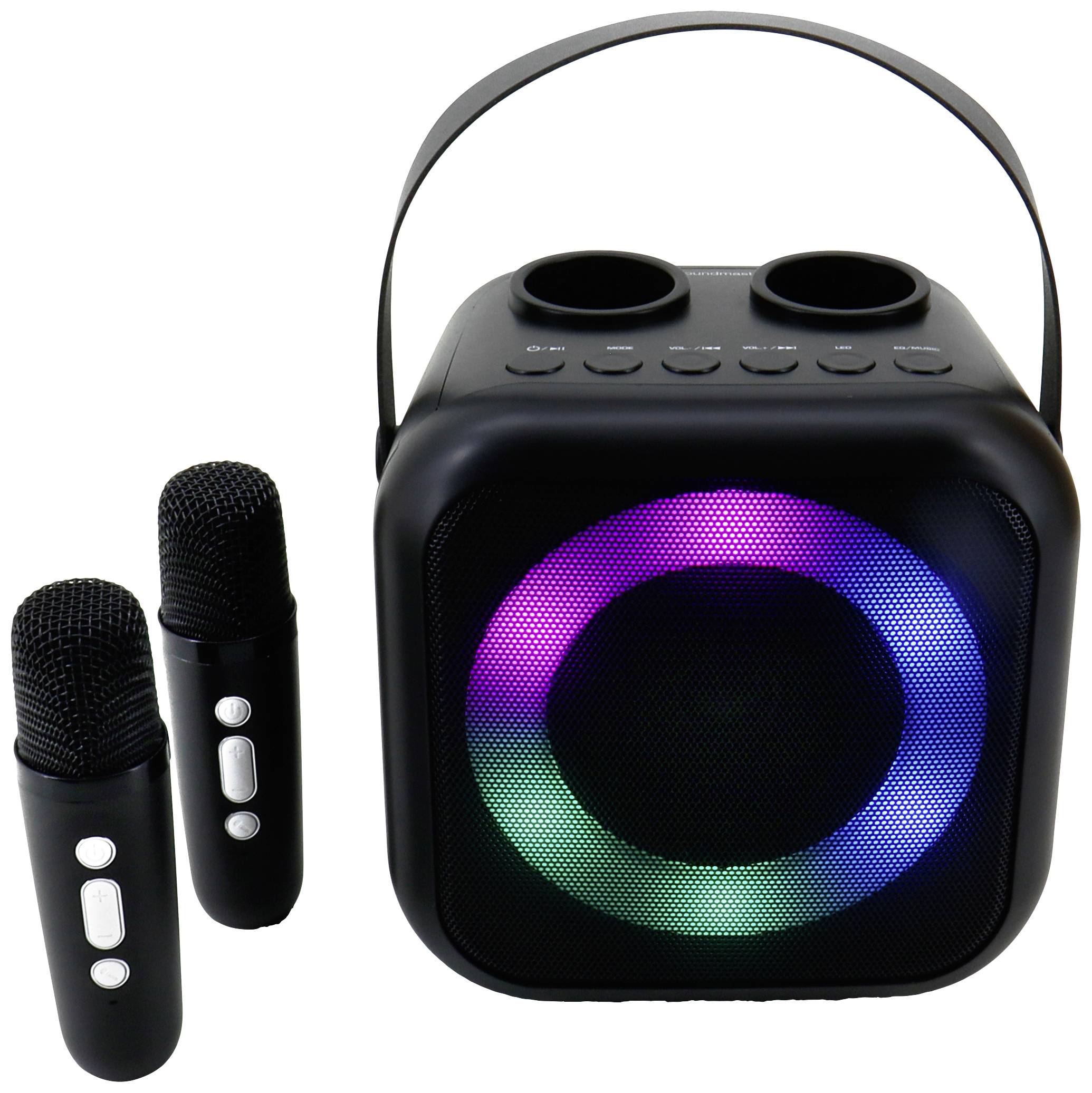 Tragbarer Lautsprecher mit buntem LED-Ring und zwei Mikrofonen daneben.