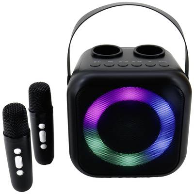 Tragbarer Lautsprecher mit buntem LED-Ring und zwei Mikrofonen daneben.